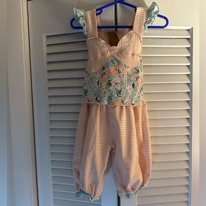 Busy Bee Smocks - Girls Pumpkin Romper | Pink Stripe and Floral | 9M